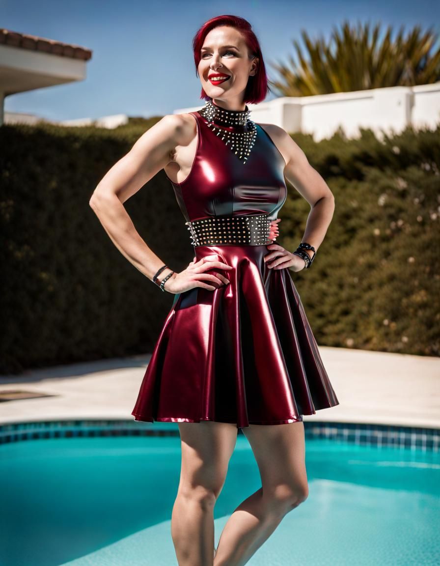 Woman in Shiny Vinyl Dress by Pool