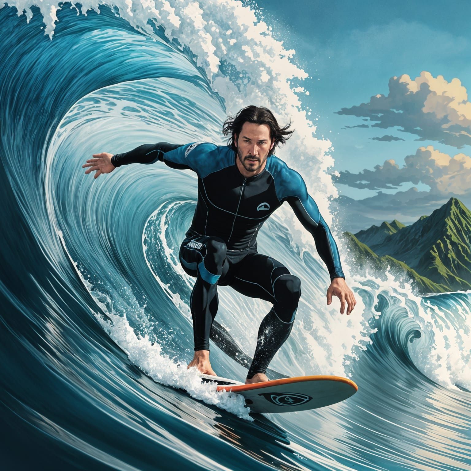 Keanu Reeves Surfing Hokusai Wave: Detailed Digital Art