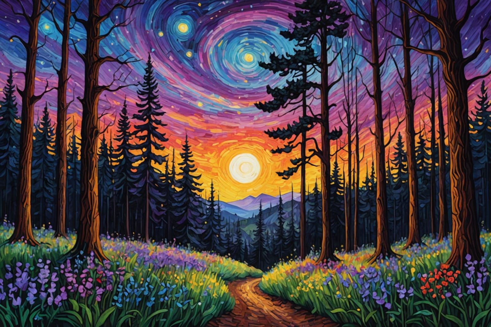 Colorful Gothic Forest with Watercolor and Starry Sky