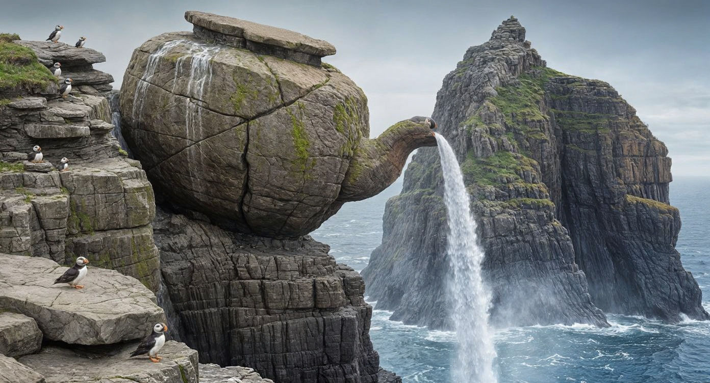 Teapot Rock Formation with Waterfall and Puffins