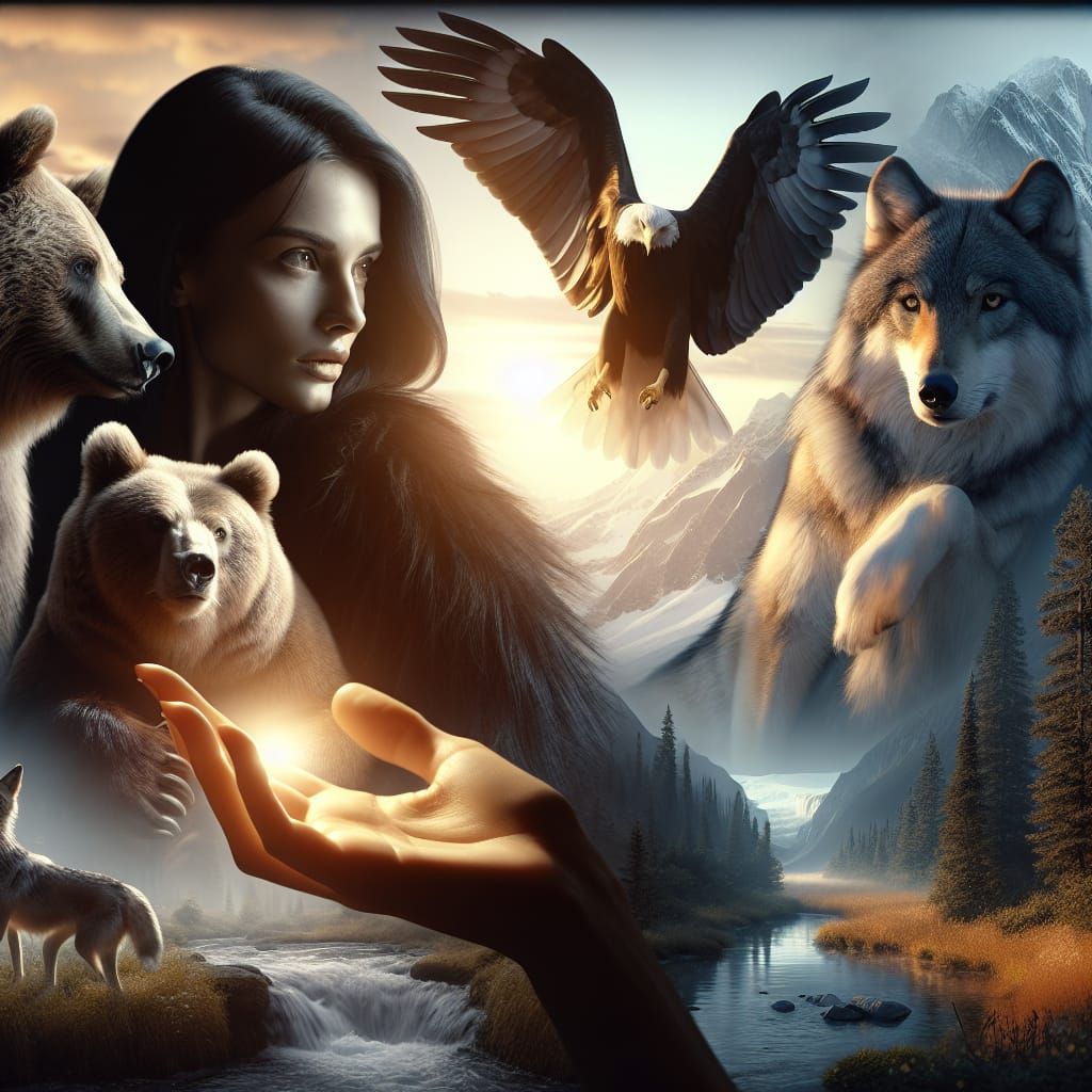Woman with Wolf, Eagle and Bear in Forest