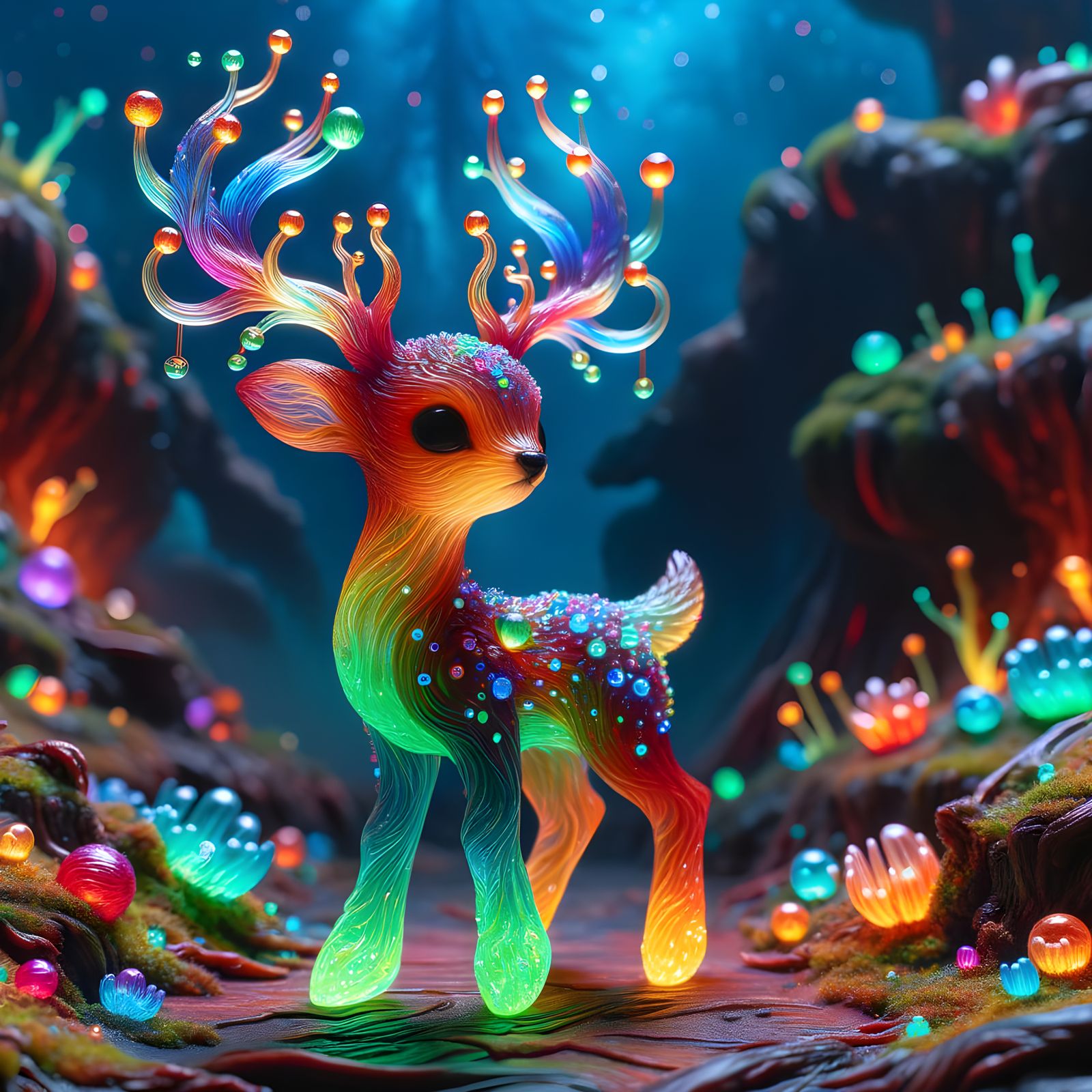 Enchanted Glass Deer in Whimsical Fantasy Forest