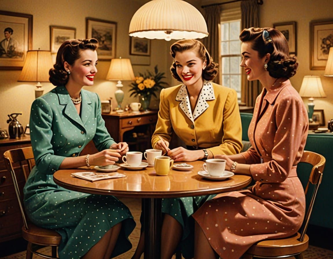 Vintage Women Enjoying Coffee in Polka Dots