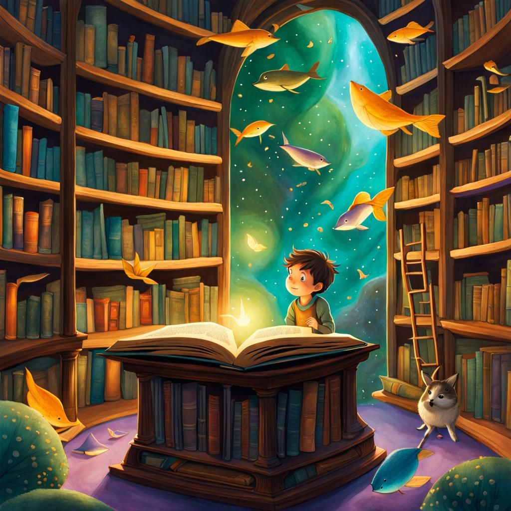 Boy Exploring Library of Floating Books as Storybook Illustr...