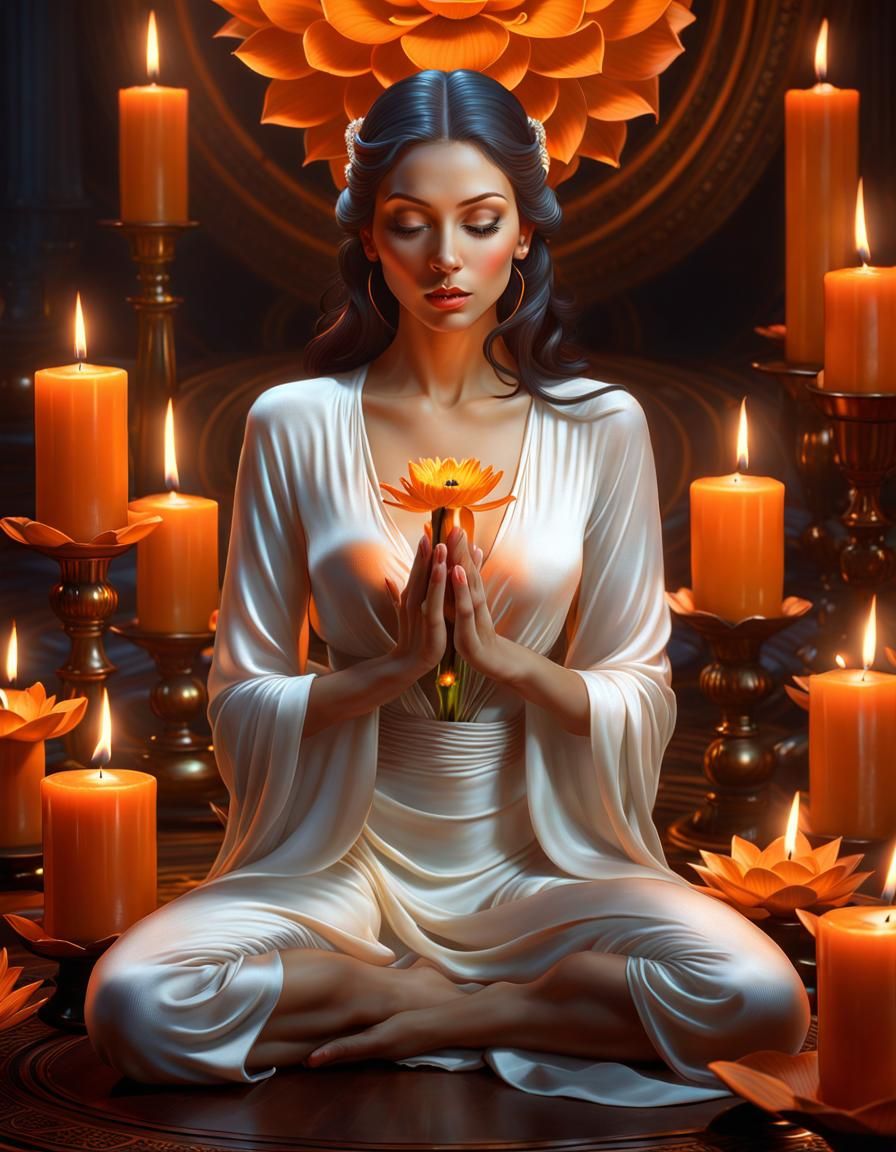 Woman in Lotus Pose with Candles, Hyperrealistic