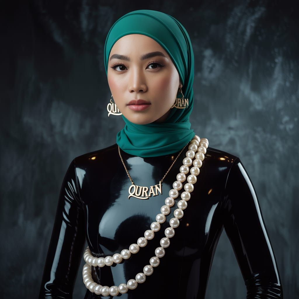 Elegant Asian Woman in Emerald Hijab and Latex