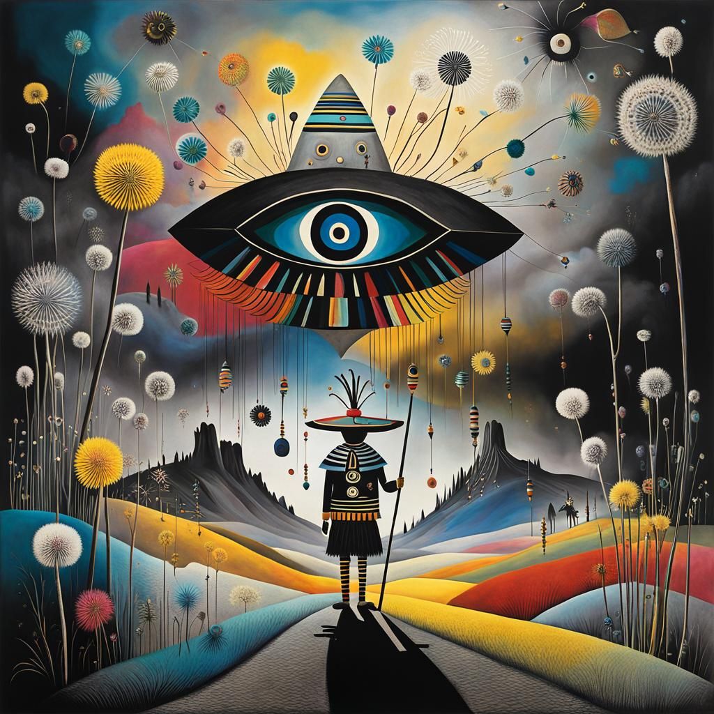 Kachina in Dandelion Dreamscape: Surrealist Grayscale Art