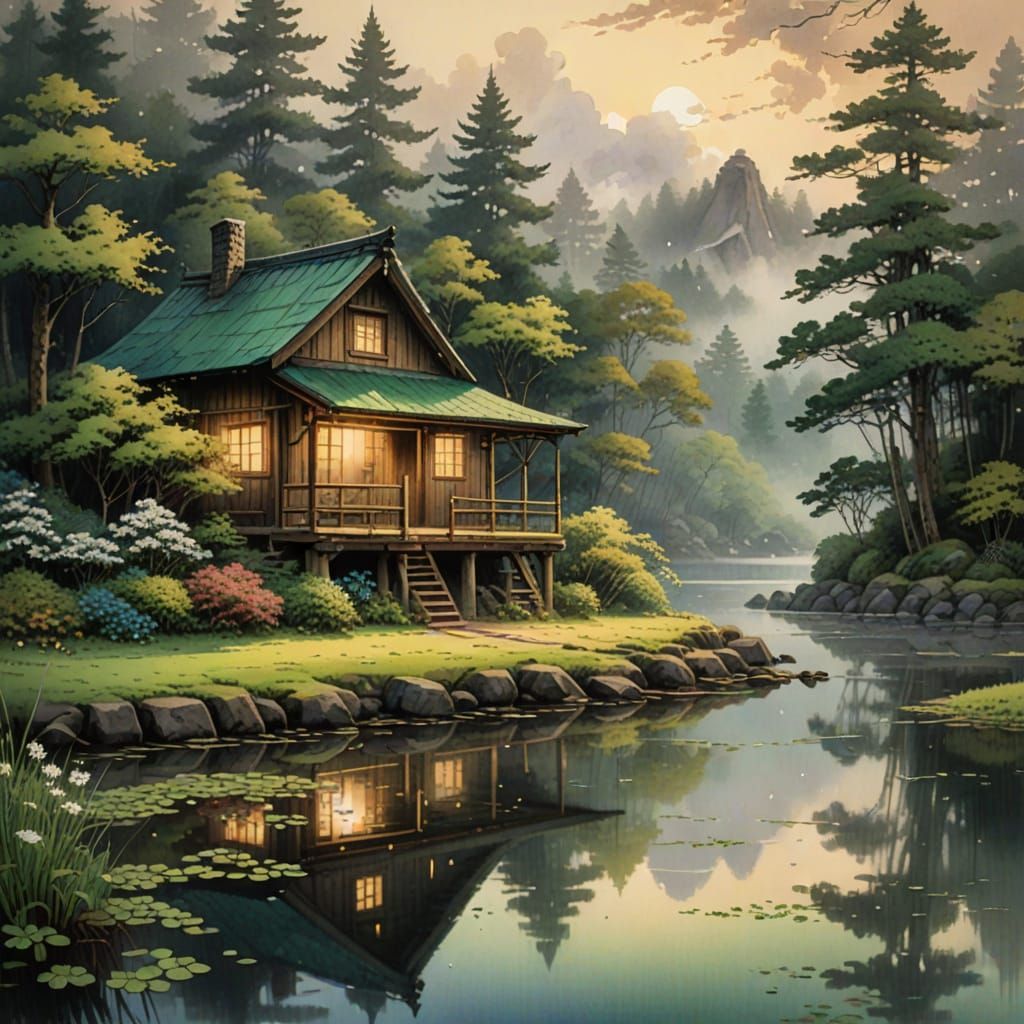 Rustic Cabin by Lake: Japanese Ink Drawing
