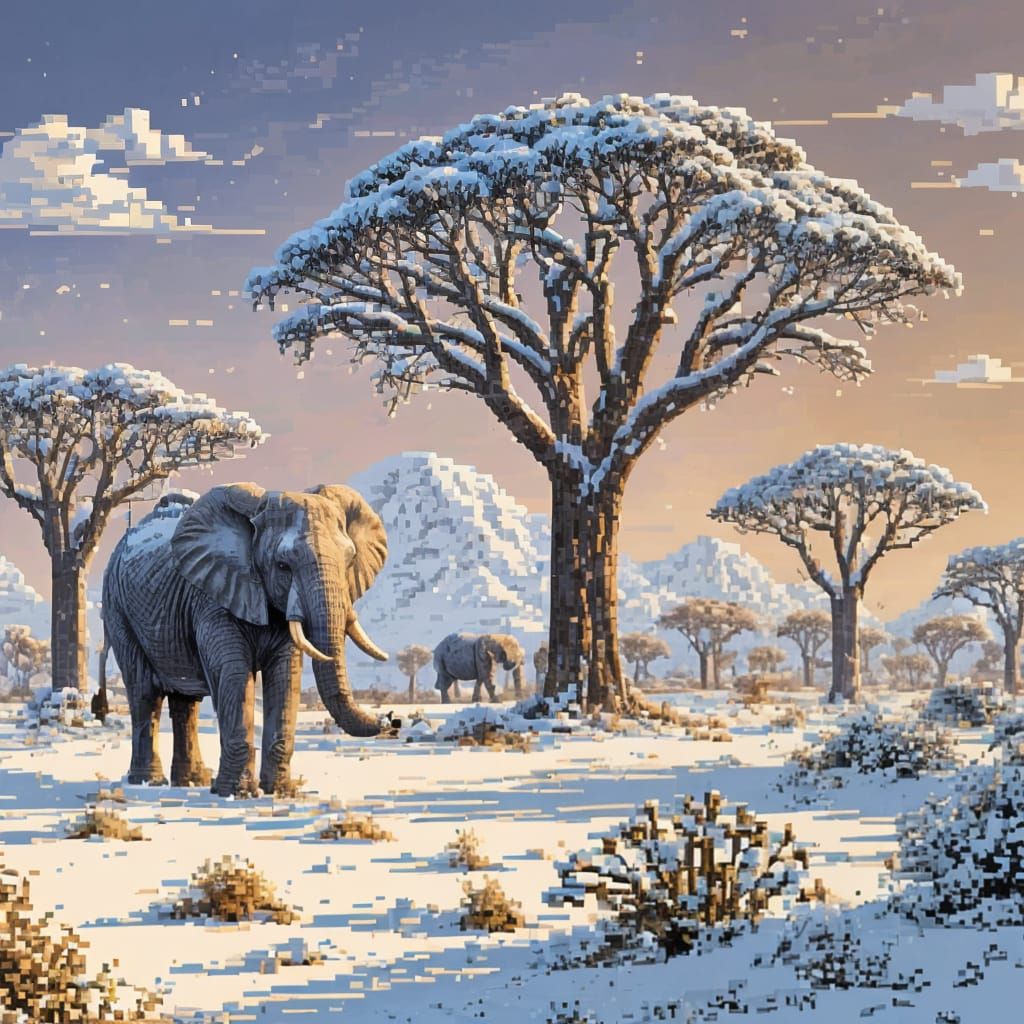 Elephant in Snowy Savannah: Pixel Art Rendering