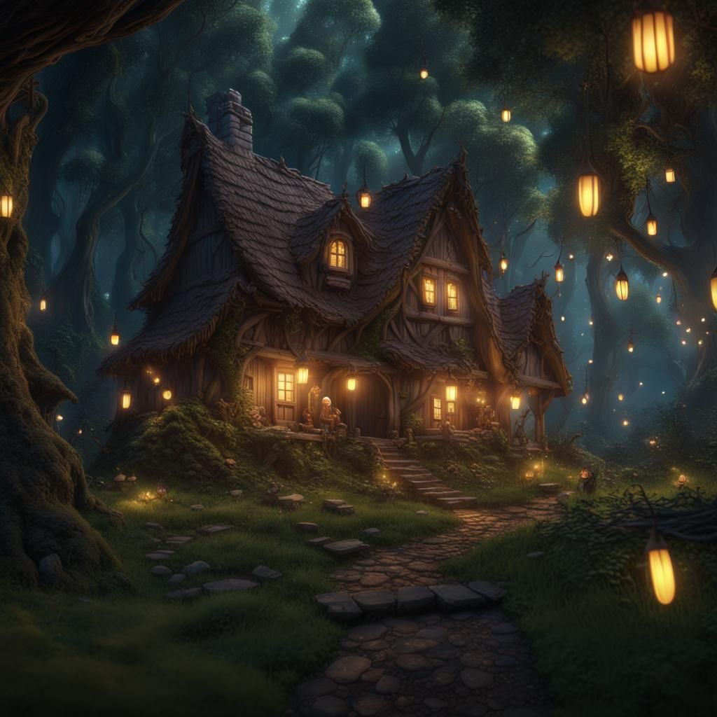 Fantasy Forest Cottage with Fireflies in Detailed Matte Pain...
