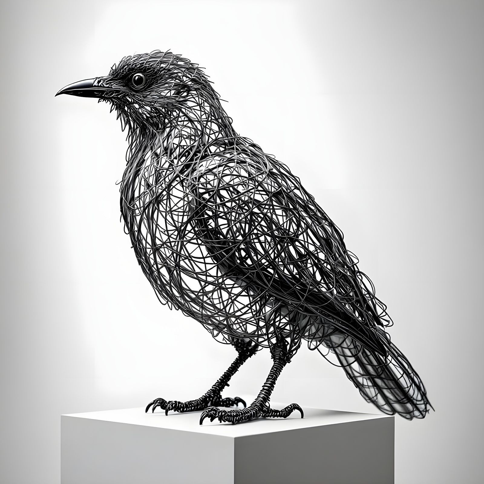 Realistic Wire Bird Sculpture on Minimalist Pedestal