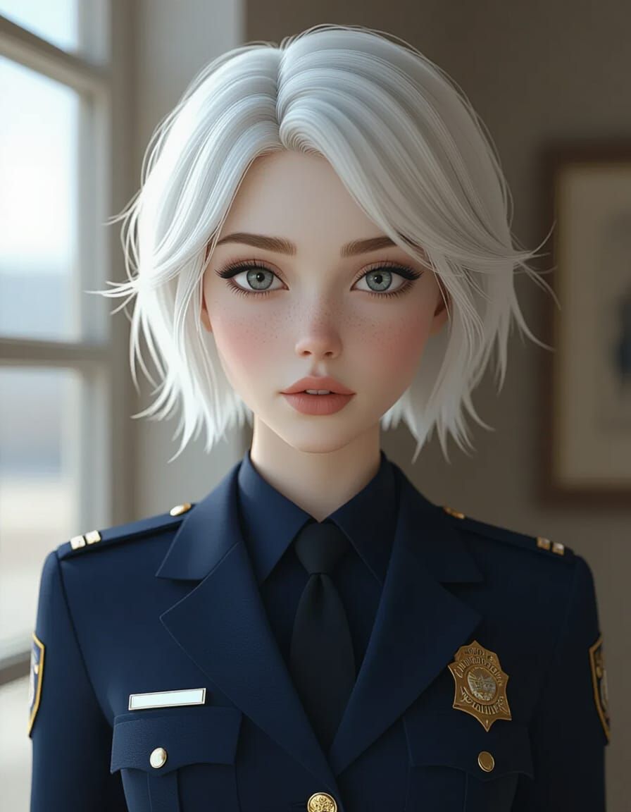 Albino Woman in Police Uniform: 3D Rendered Art