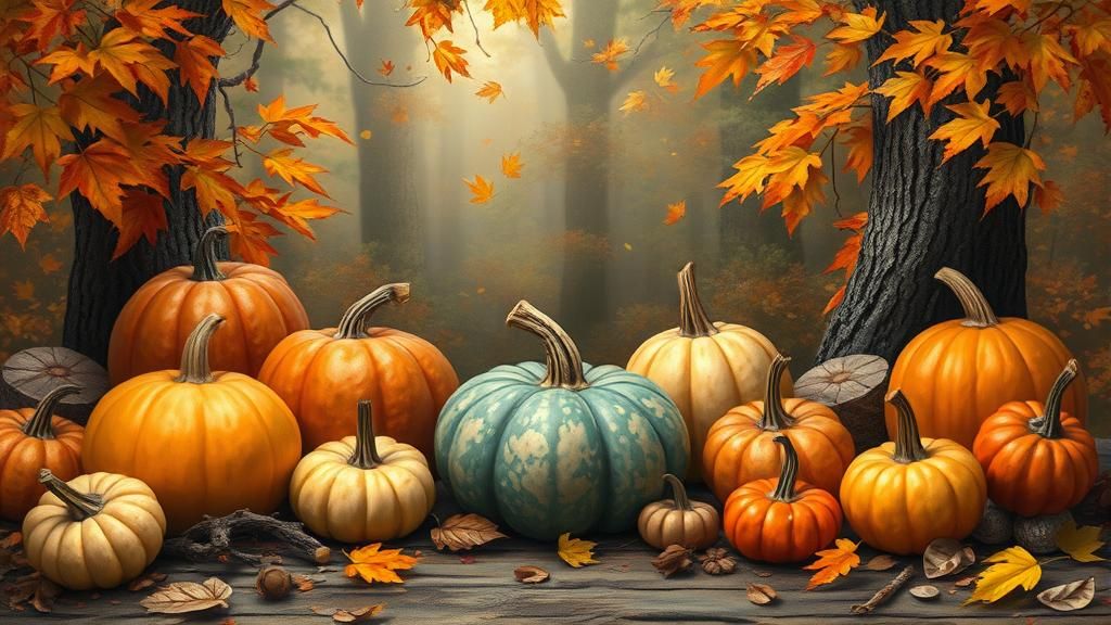 Cozy Autumn Gourds in Ethereal Woodland Setting