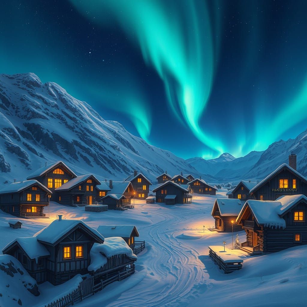 Mountain Village Bathed in Northern Lights