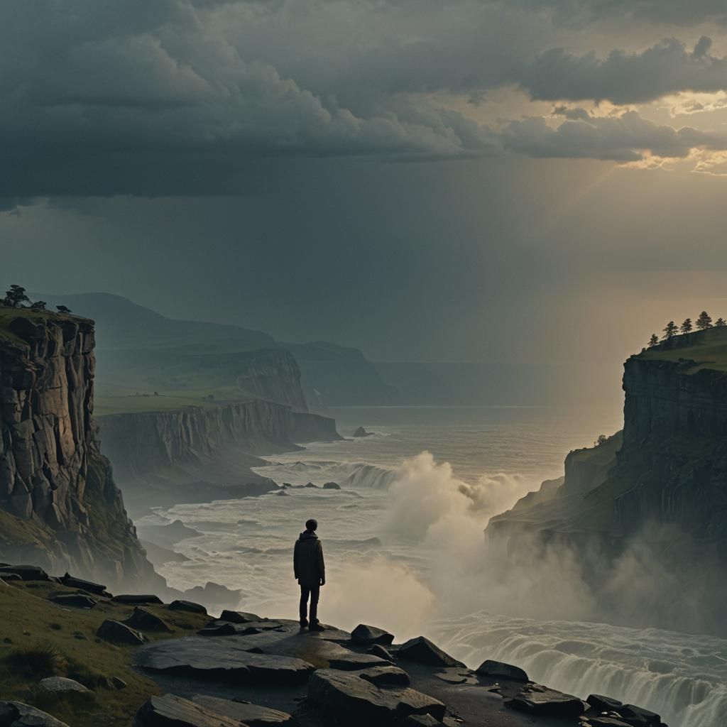 Lone Figure Overlooking Stormy Landscape in Cinematic Style