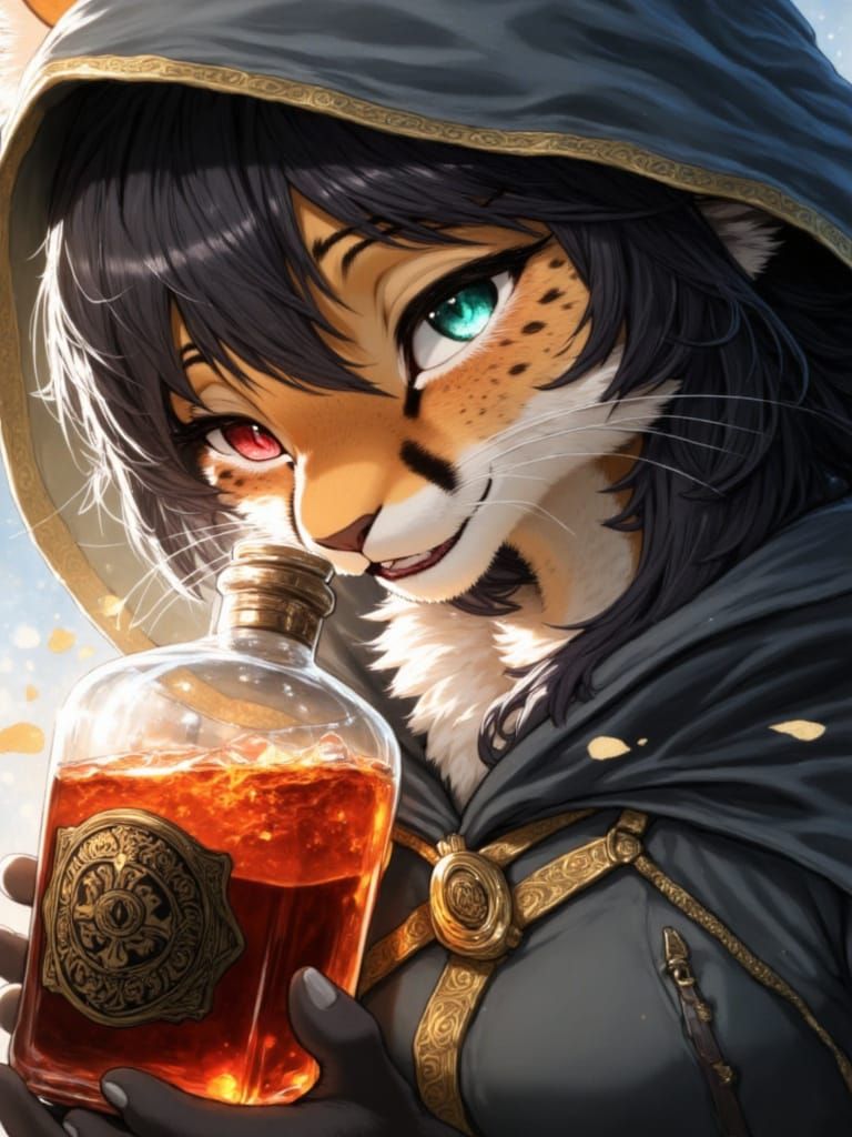 Whimsical Lynx Sips Enchanted Potion in Dreamlike Watercolou...