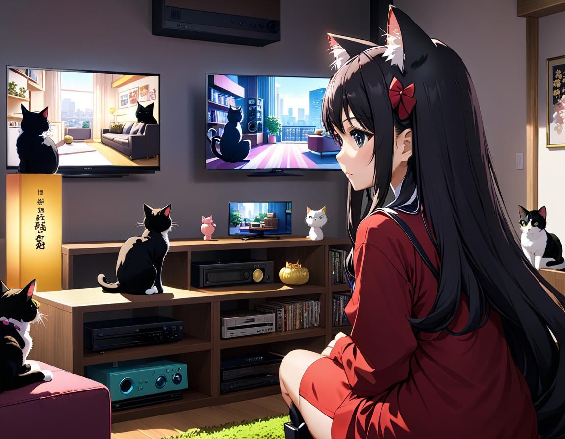Anime Catgirl Watching Idols in Cat-Filled Apartment