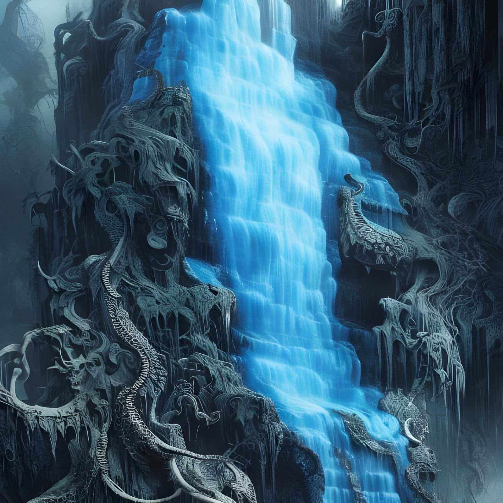Blue Waterfall Skull Mountain: Dark Fantasy Concept Art