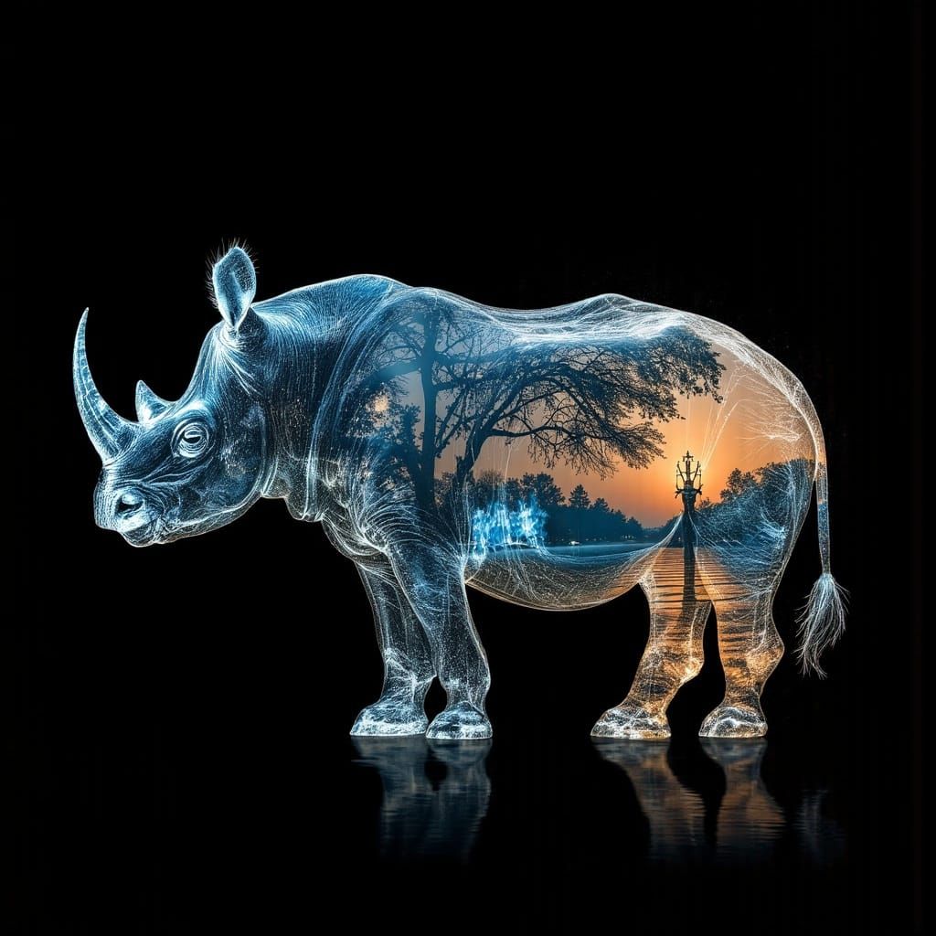Bioluminescent Rhino in Surreal Double Exposure