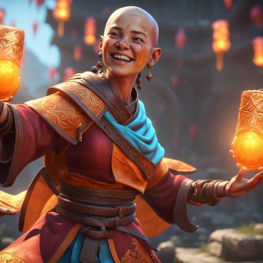Cheerful Female Monk in 3D Game Art Style