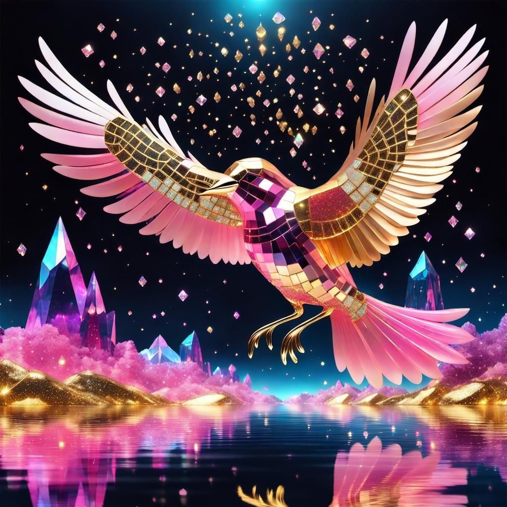 Iridescent Crystal Bird in Cosmic Dreamscape