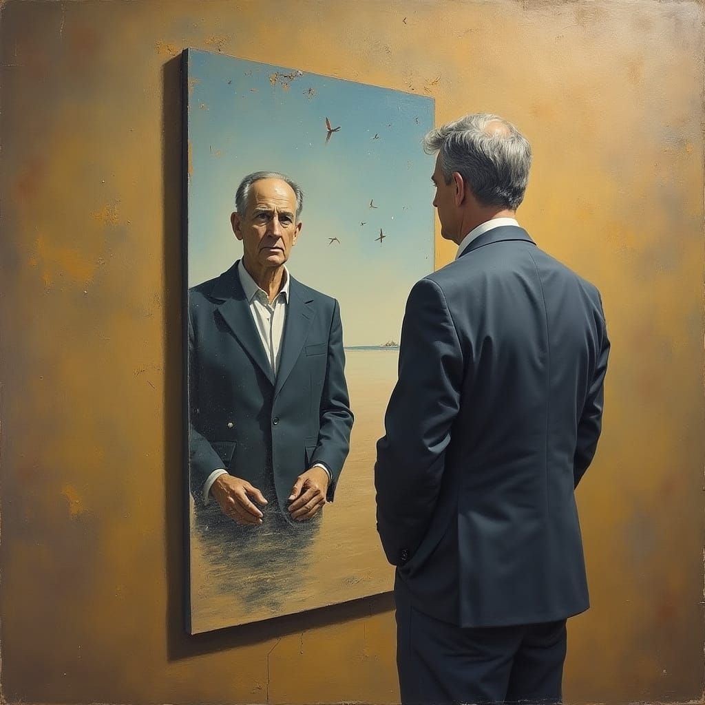 Surreal Man's Reflection in Melting Mirror