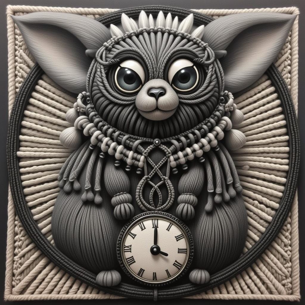 Macrame Creature Holding a Clock