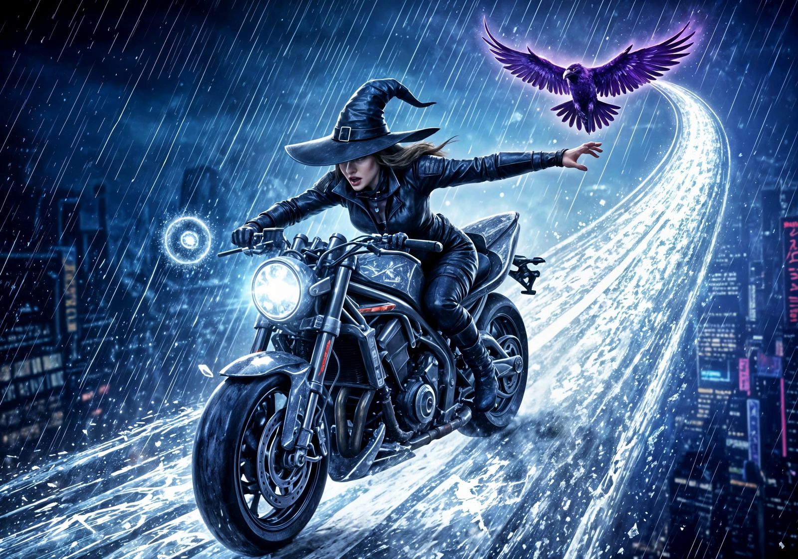 Cyberpunk Witch Rides Motorcycle on Moonlight Road