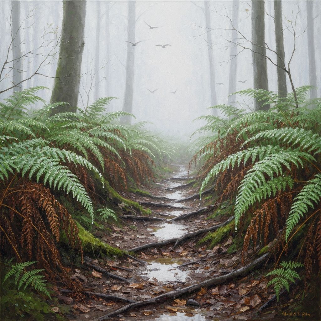 Overgrown Forest Path in Swirling Fog