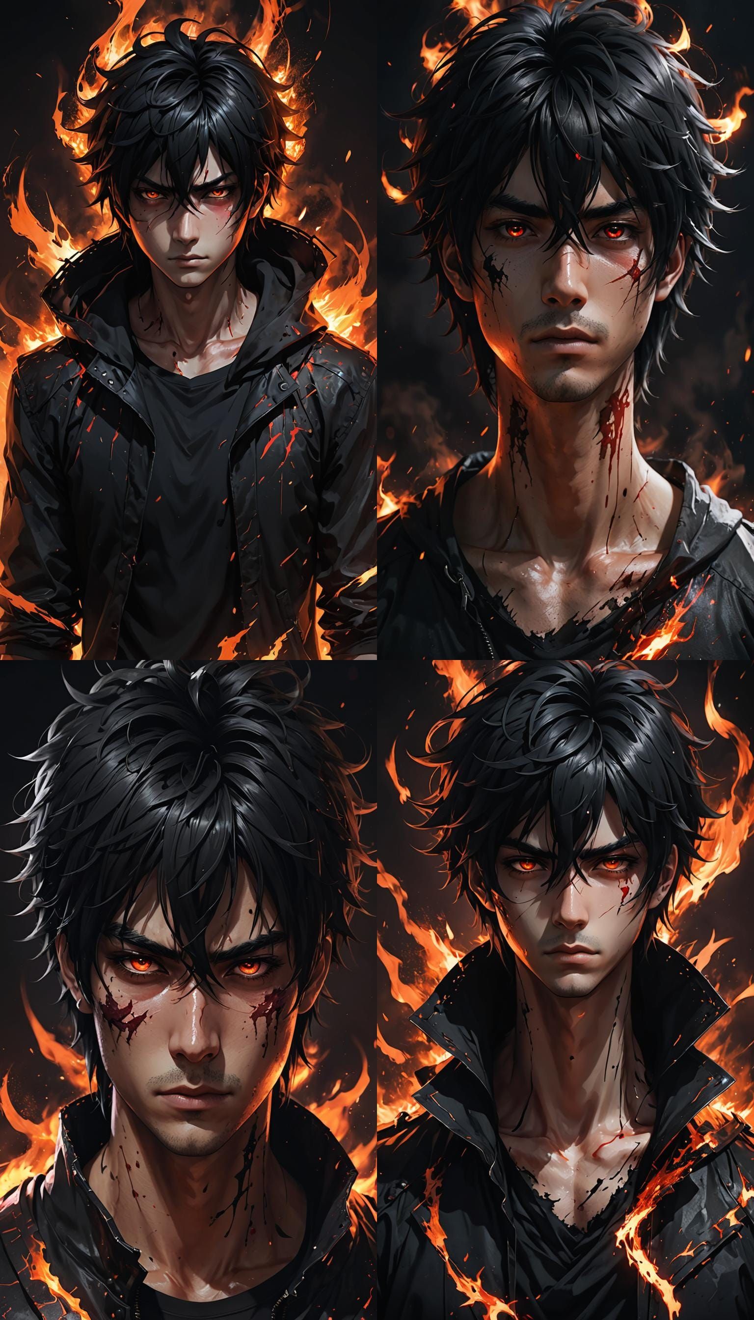 Brooding Anime Youth Amidst Fiery Depths