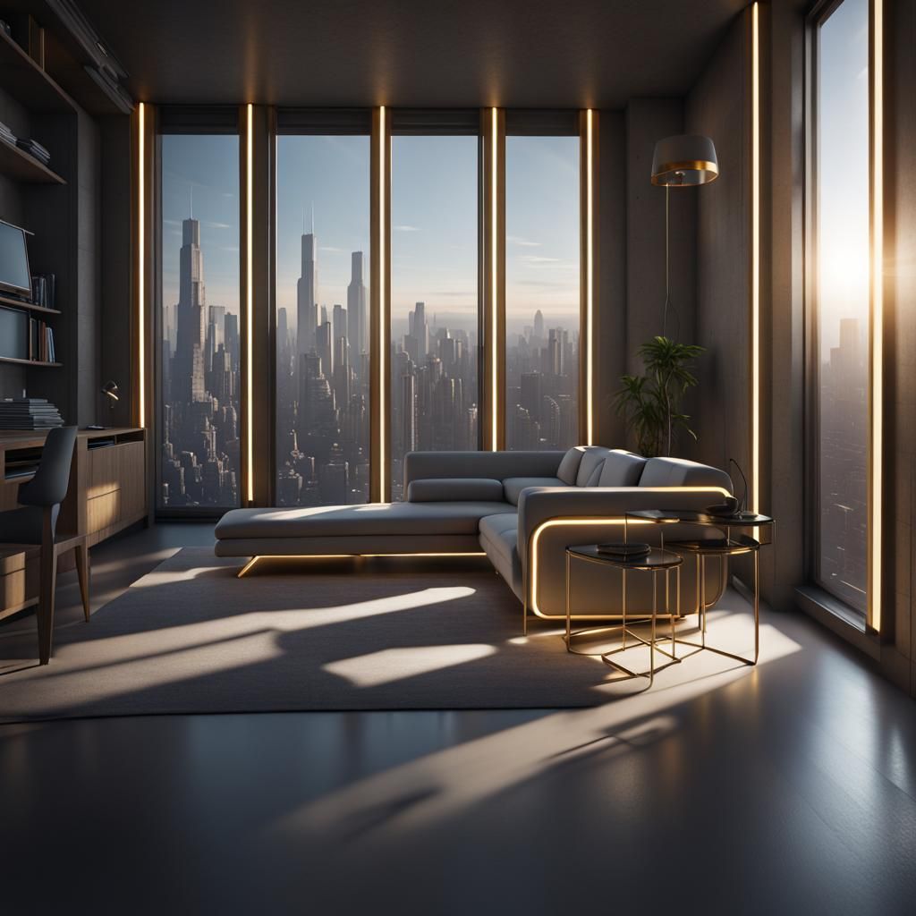 Cyberpunk Apartment with Geometric Furniture and City View