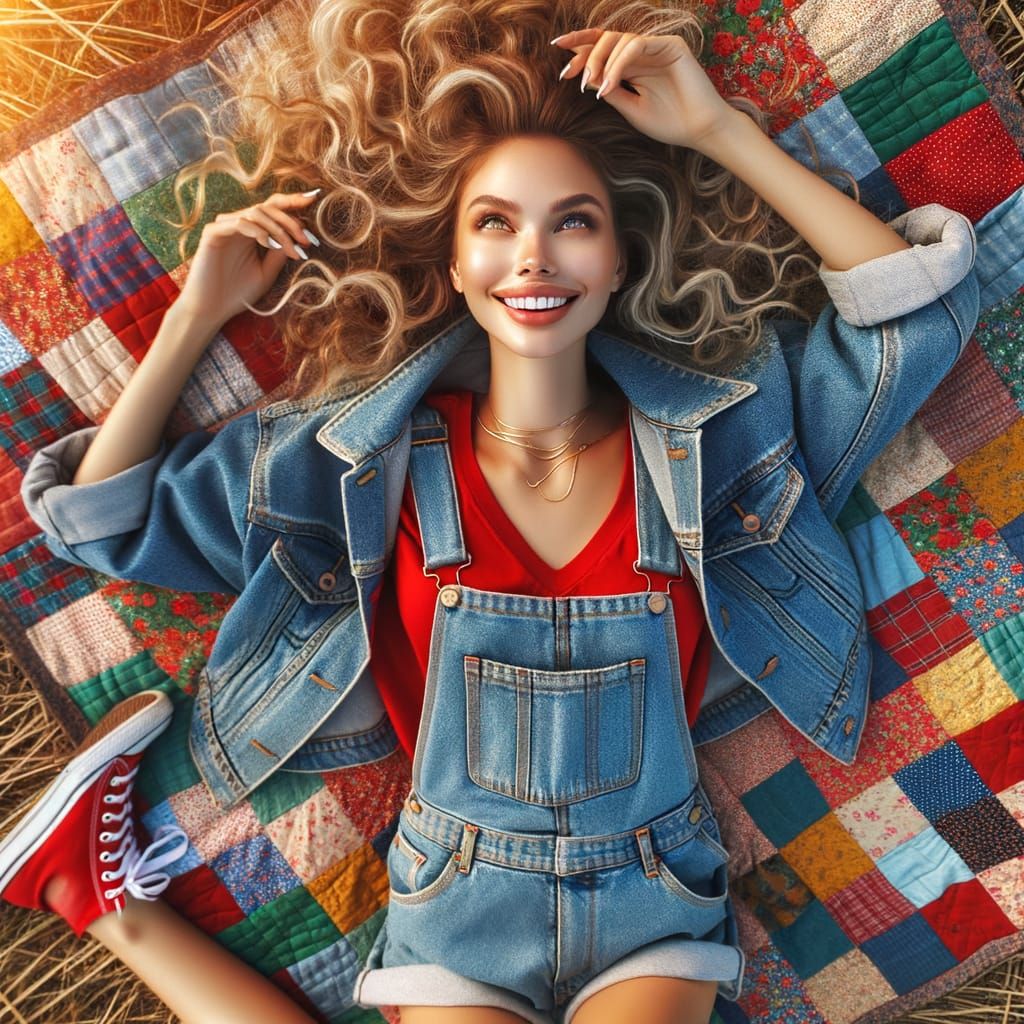Woman on Quilt Smiles at Sky