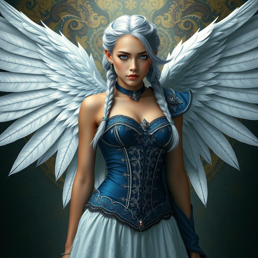 Majestic Fantasy Maiden with Celestial Wings and Silver Hair