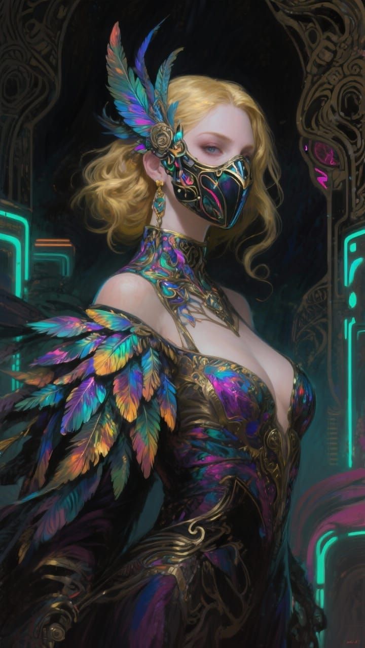 Art Nouveau Cyberpunk Woman with Feathered Mask