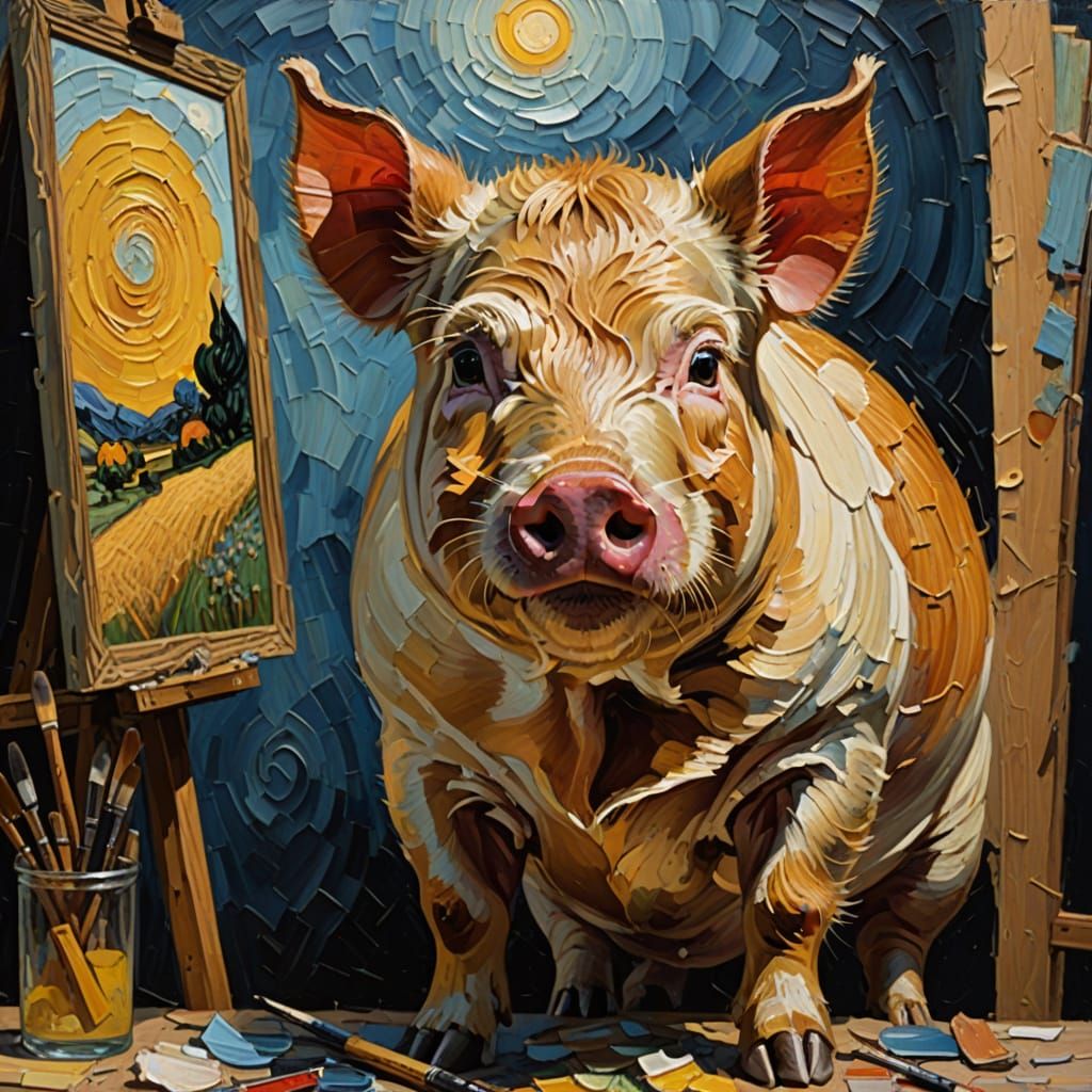 Pig Paints Self-Portrait in Van Gogh Impressionist Style