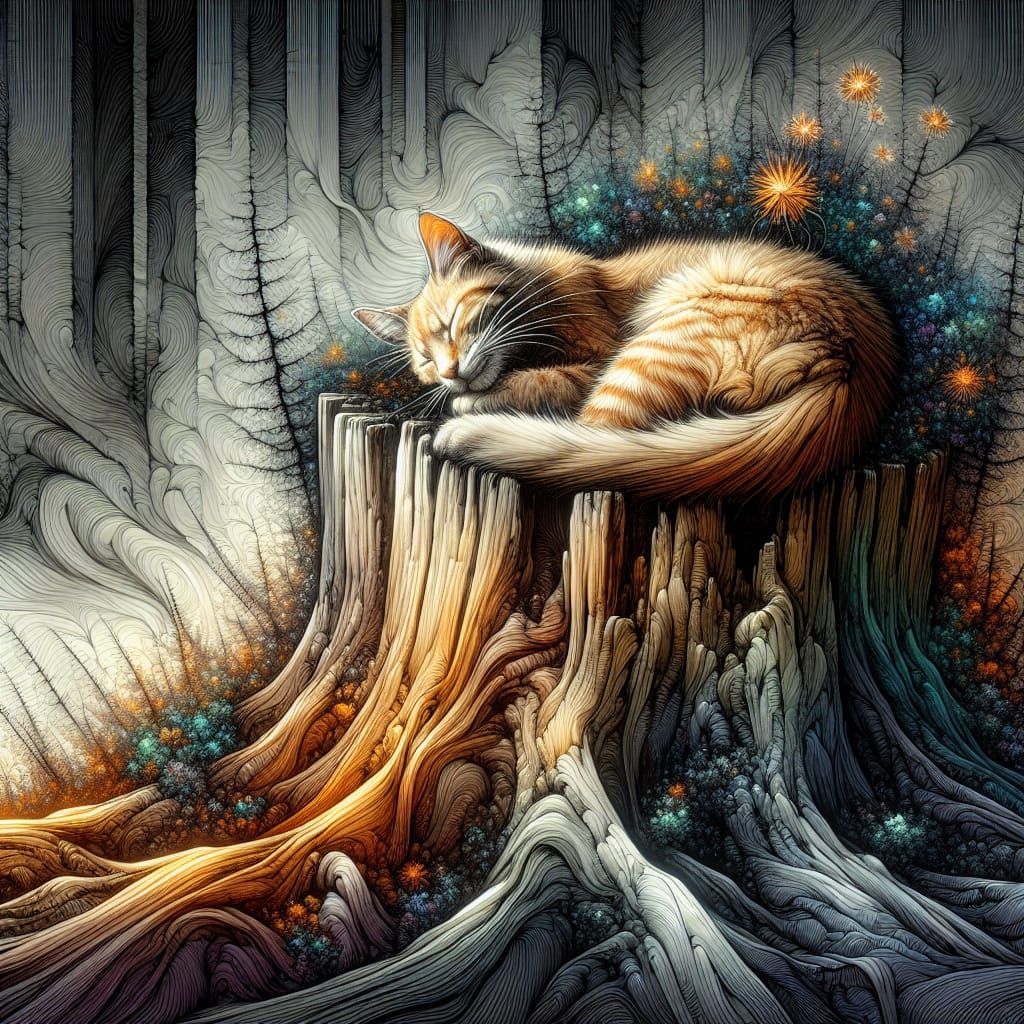 Ginger Cat's Woodland Nap: Watercolor and Ink Art