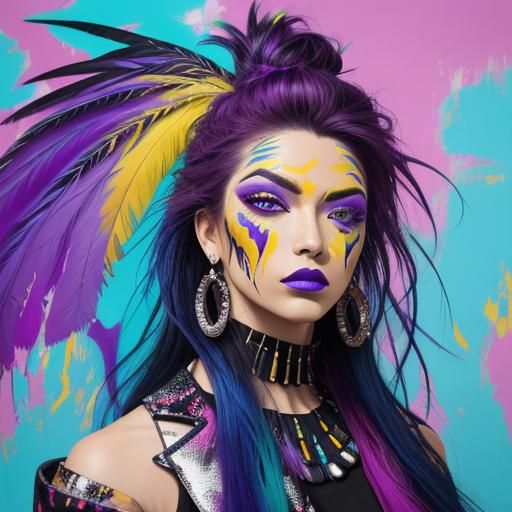 Surreal Street Art Portrait with Feathers and Silver Eyes