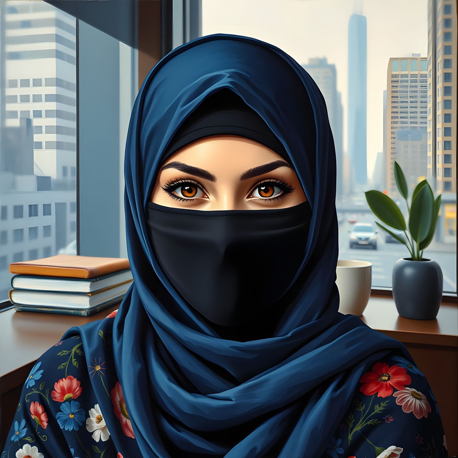 Hijabi Woman in Cozy Office, Oil Guache Painting