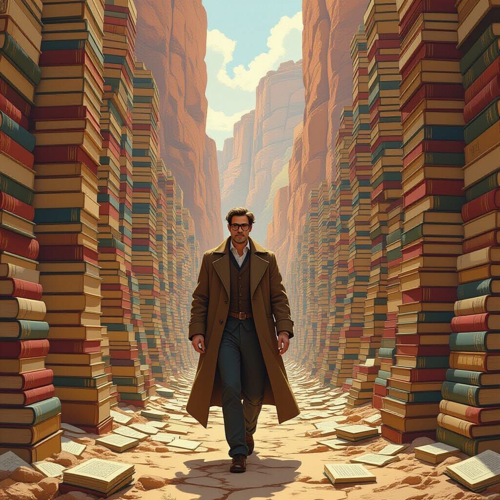 Librarian Walks Through Book Canyon, Fantastical Realism