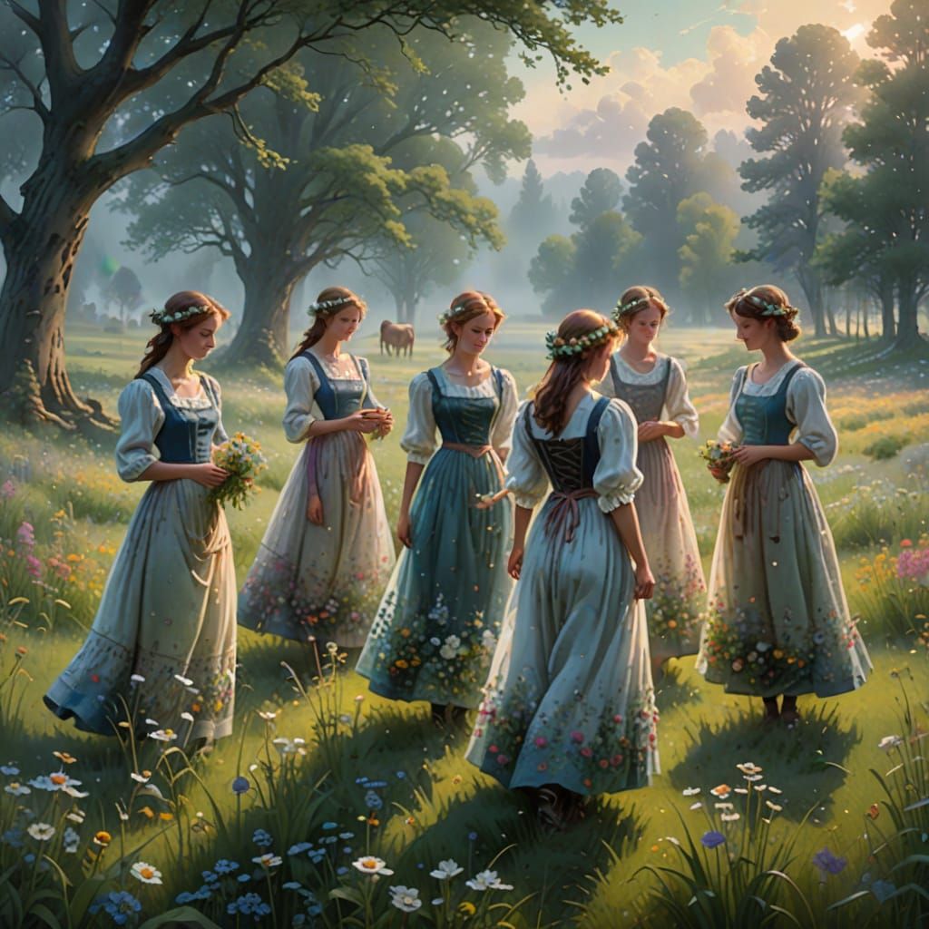 Seven Milk Maids in Misty Meadow, Ethereal Fantasy Art