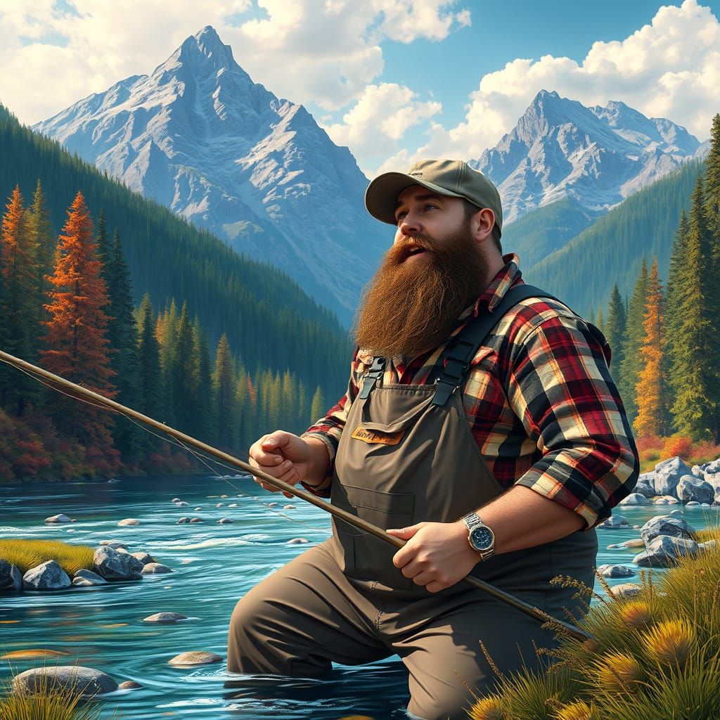 Fisherman in Mountain Valley: Hyper-Realistic Digital Art