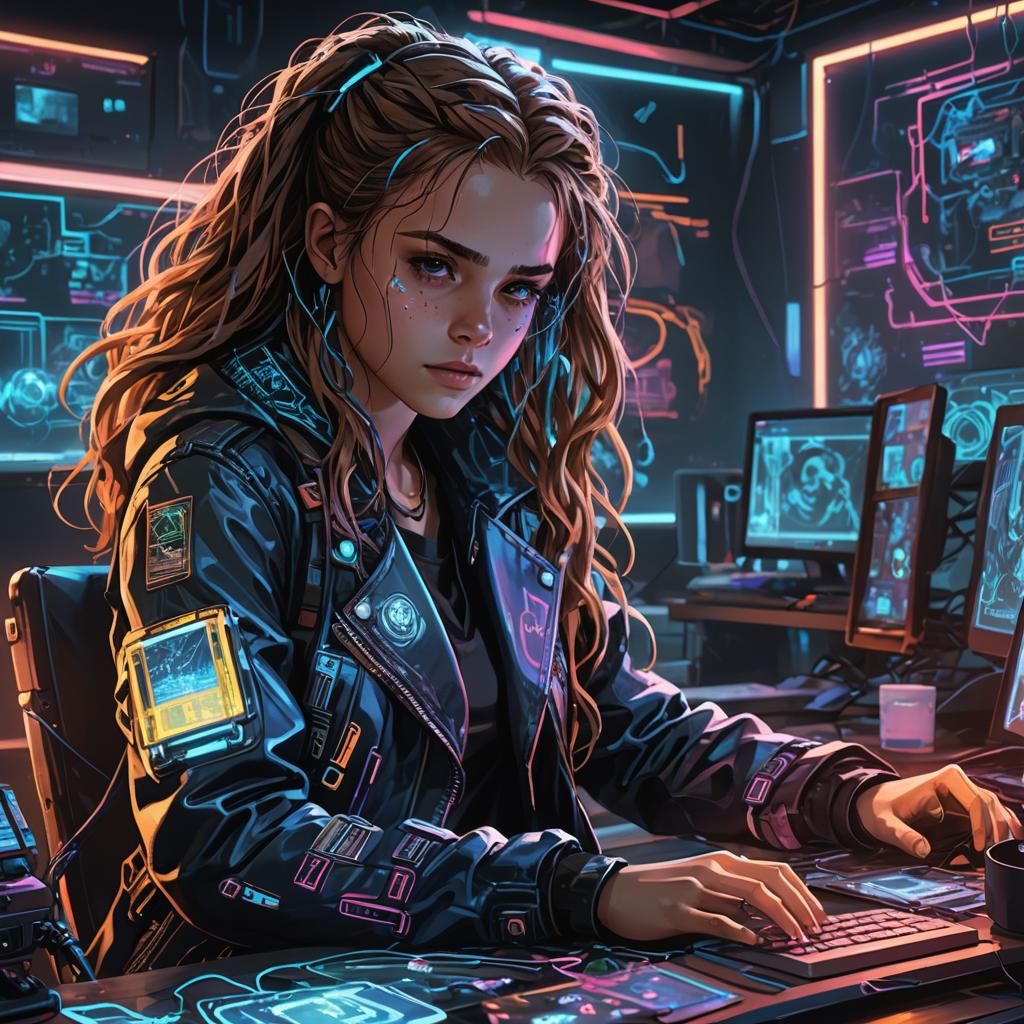 Cyberpunk Hacker Hermione Granger in Neon Anime Art