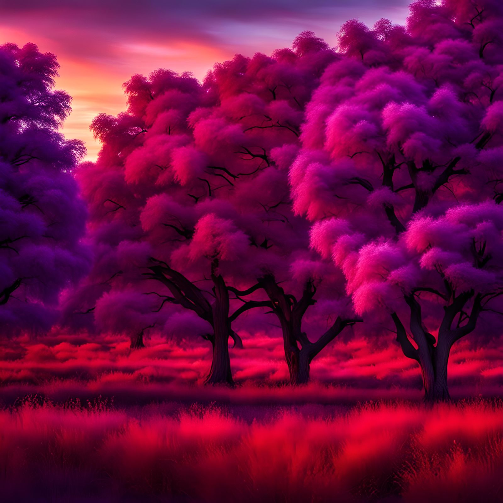 Hyperrealistic Purple and Red Trees at Sunset