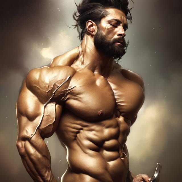 Hyperdetailed Portrait of Muscular Man in Bed