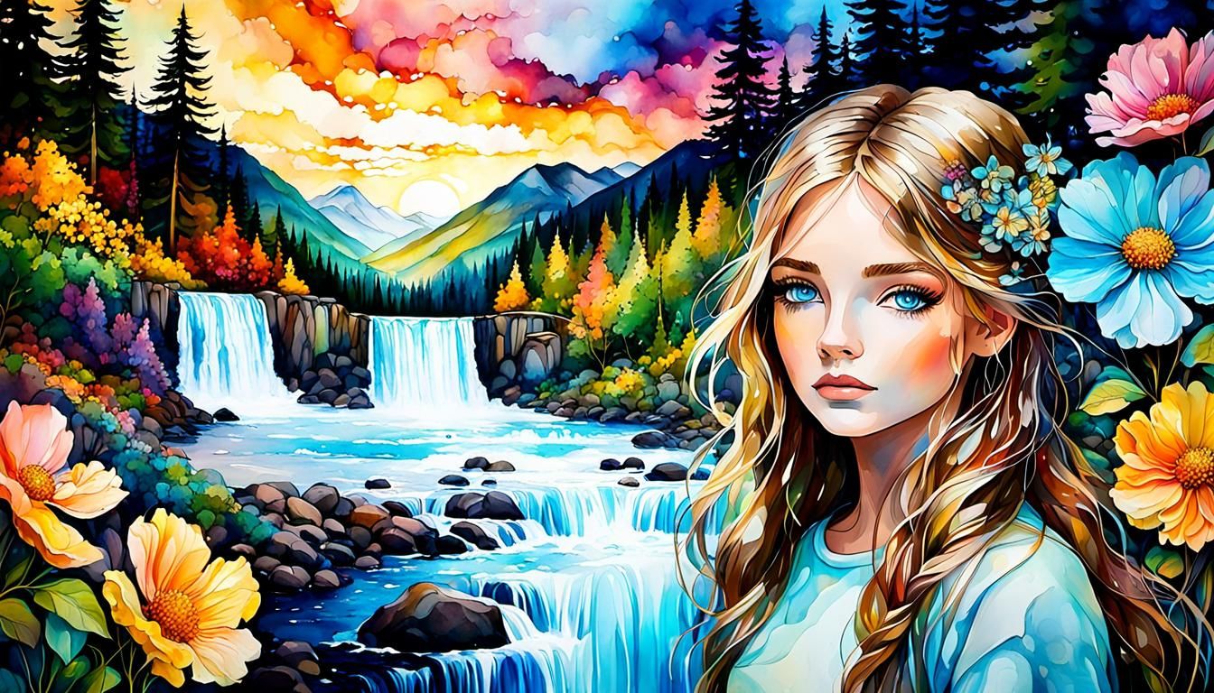 Surreal Girl with Waterfall Hair, Alcohol Ink Art