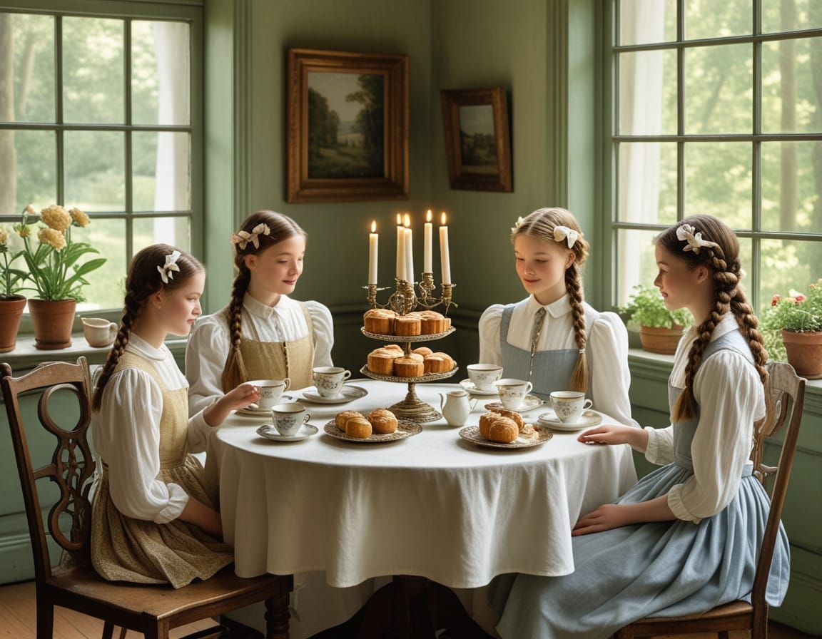 Young Girls Enjoy Tea in a Cozy Renaissance-Inspired Parlour