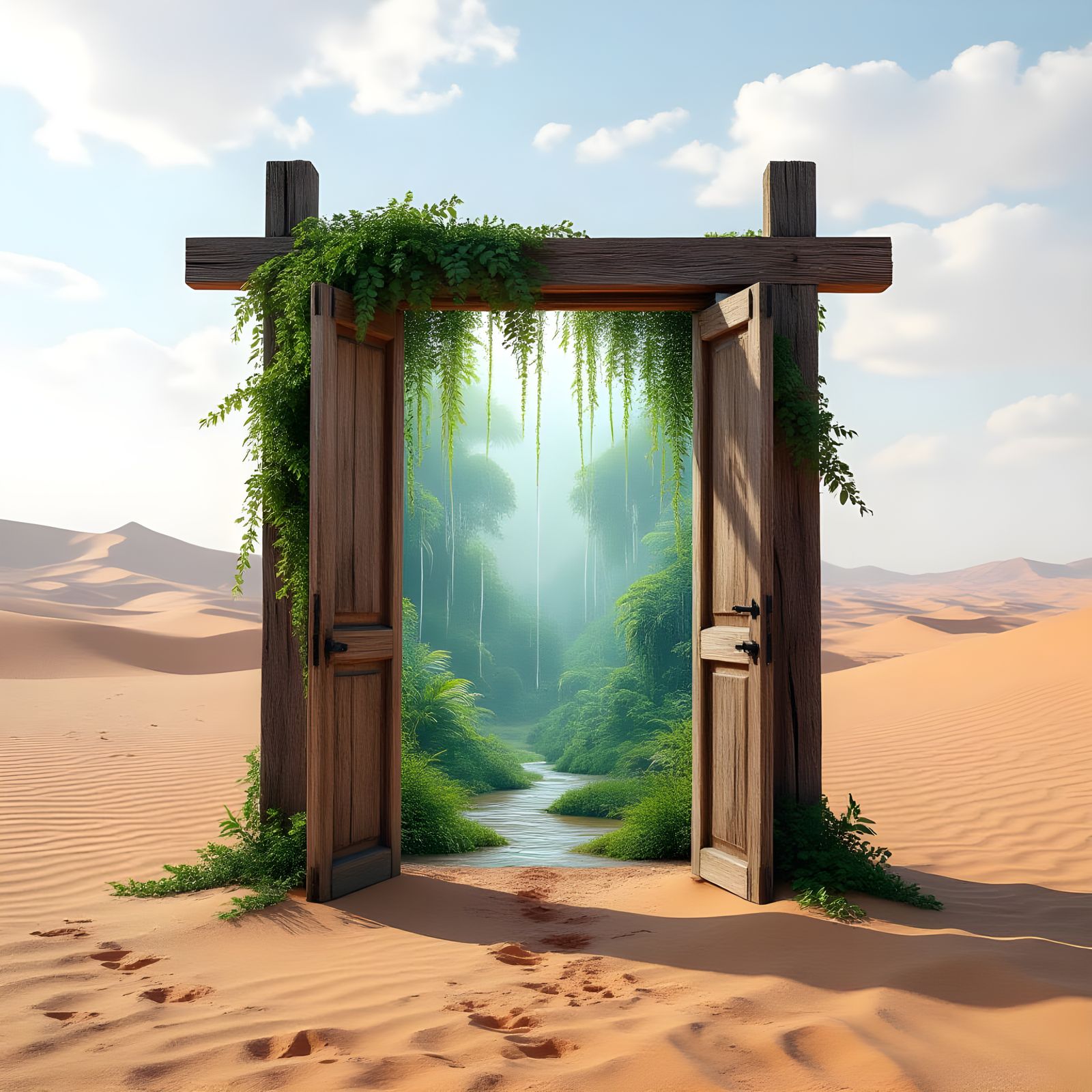 Desert Doorway to Upside-Down Jungle With Upward Rain