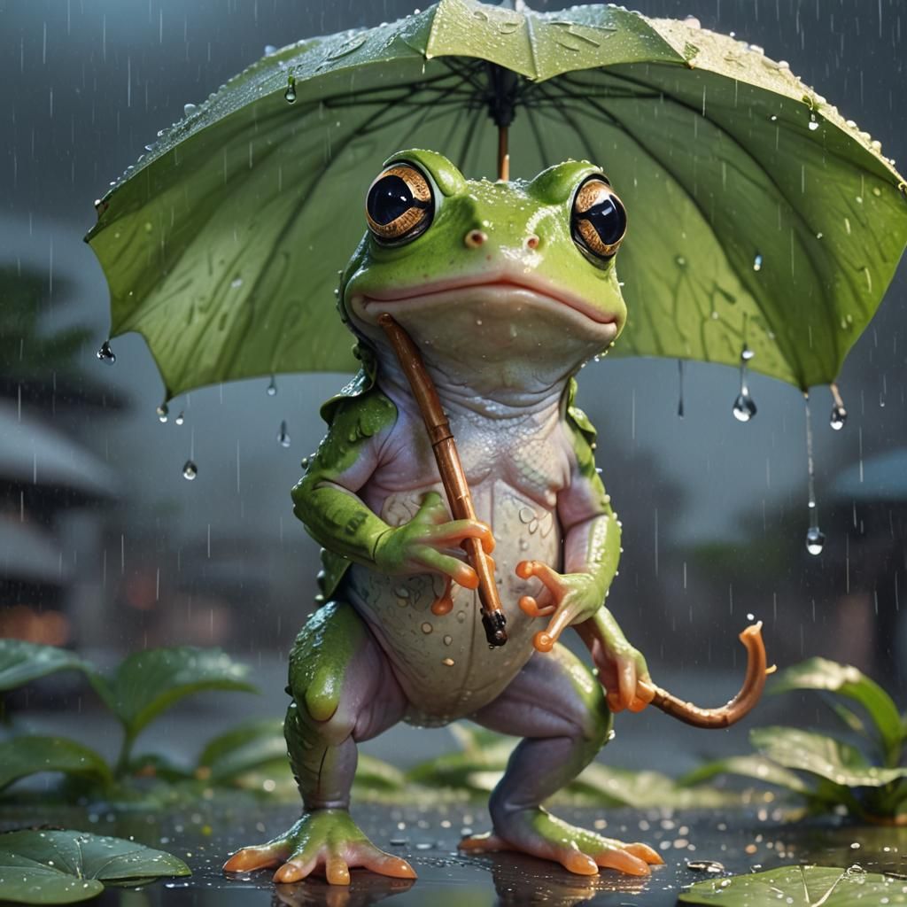 Frog with Leaf Umbrella in Rainy Night: Digital Art