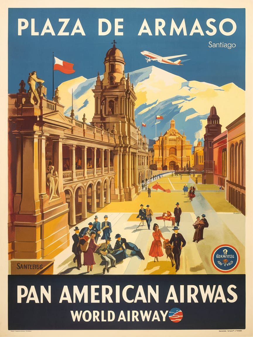 Vintage Travel Poster: Plaza de Armas, Santiago, Chile
