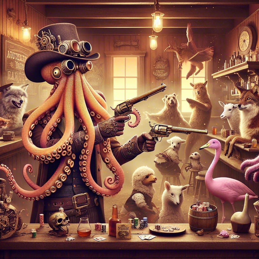 Steampunk Octopus Cowboy Showdown in the Old West